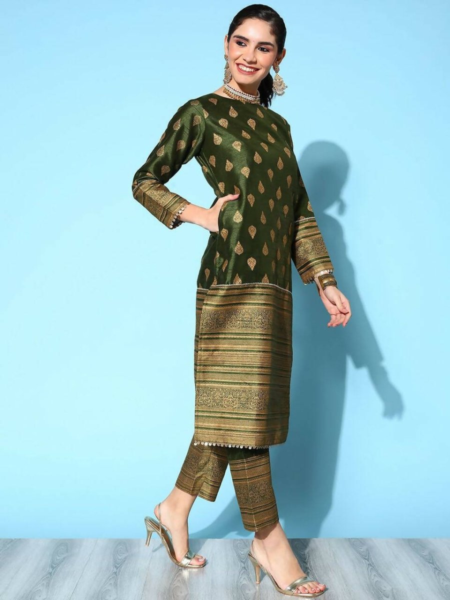 Ahalyaa Women's Olive Colour Poly Silk Gold Printed Kurta Pant Set With Dupatta - Distacart