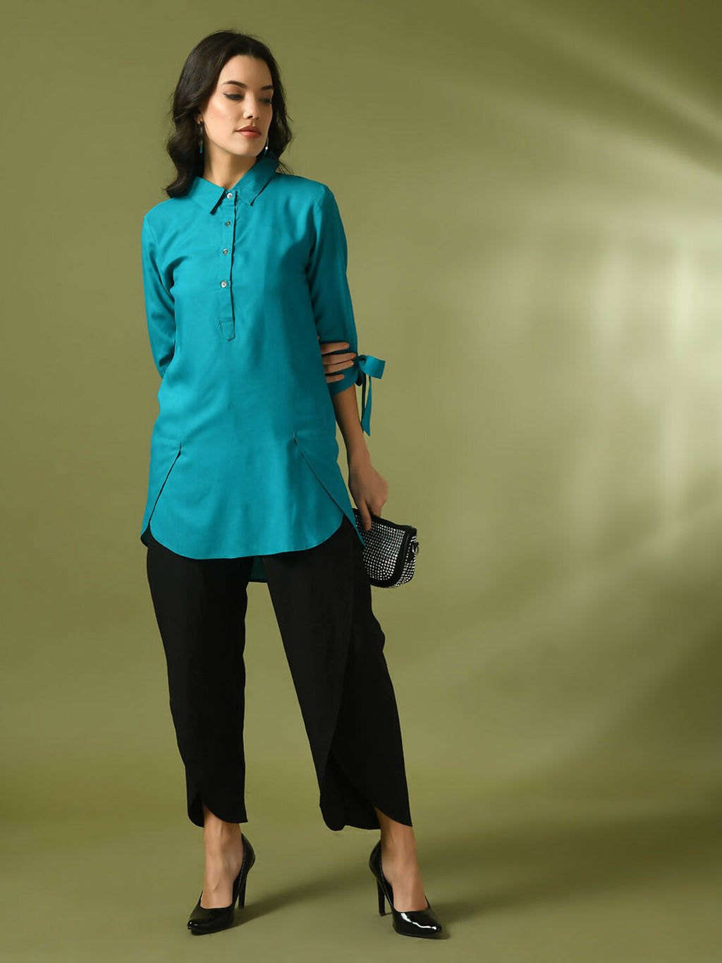 Myshka Women's Turquoise Blue Solid Cotton Longline Party Sheer Tunic