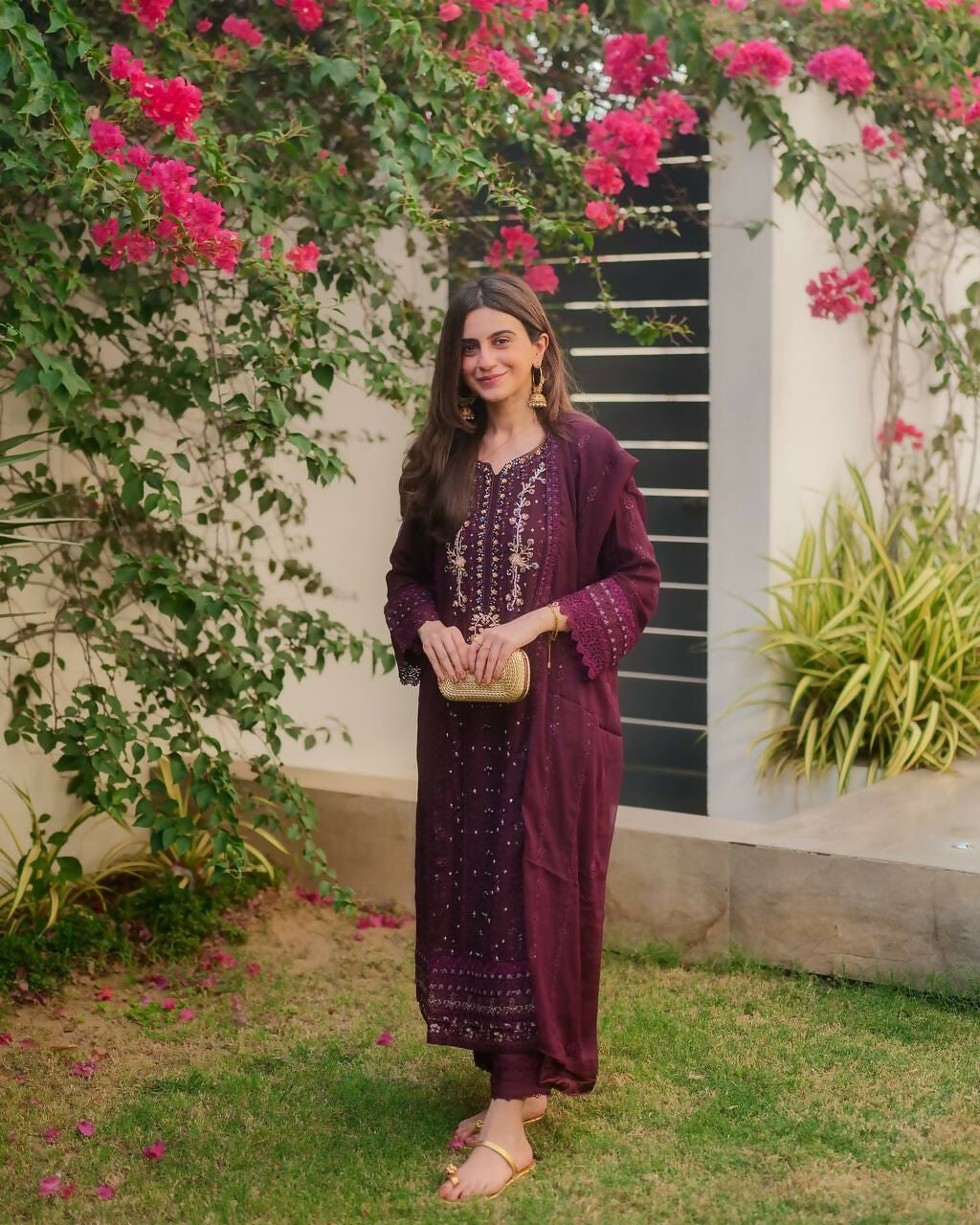 Joban Fashion Wine Georgette Embroidery Sequence Work Readymade Kurta Set - Distacart