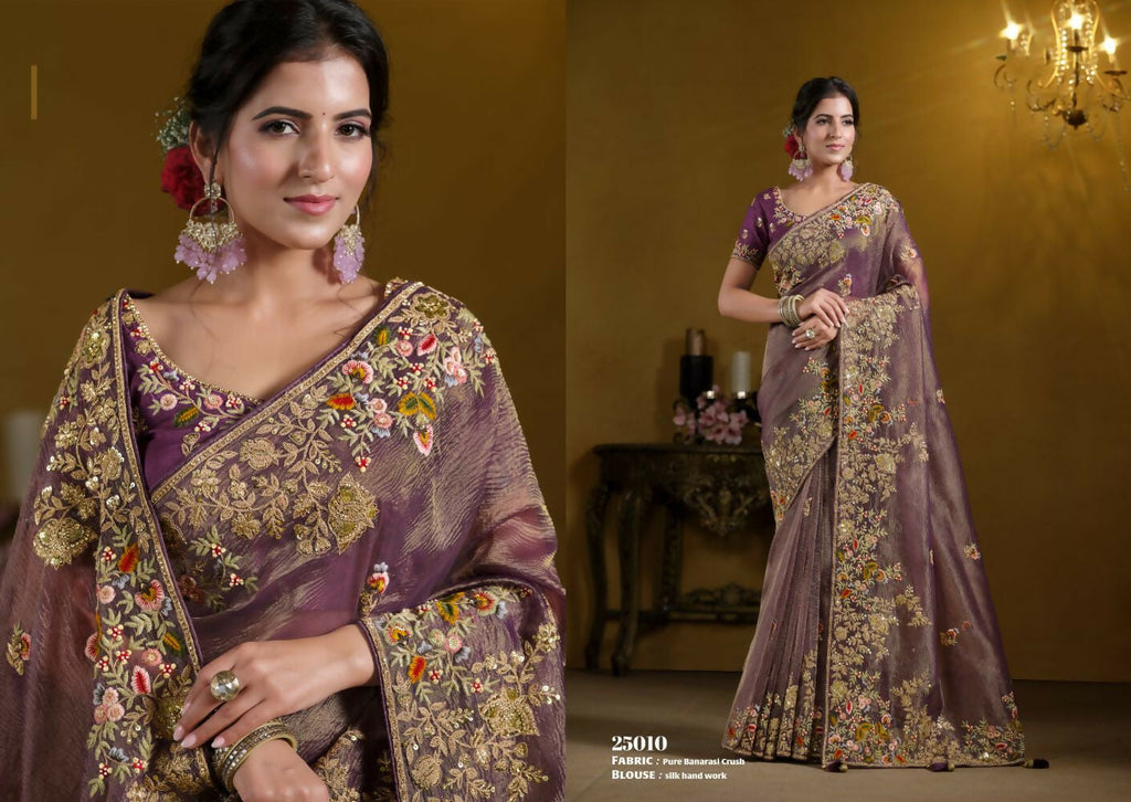 Purple Pure Banarasi Crush Pure Khatli work Designer Saree With Blouse. - Rajasvi