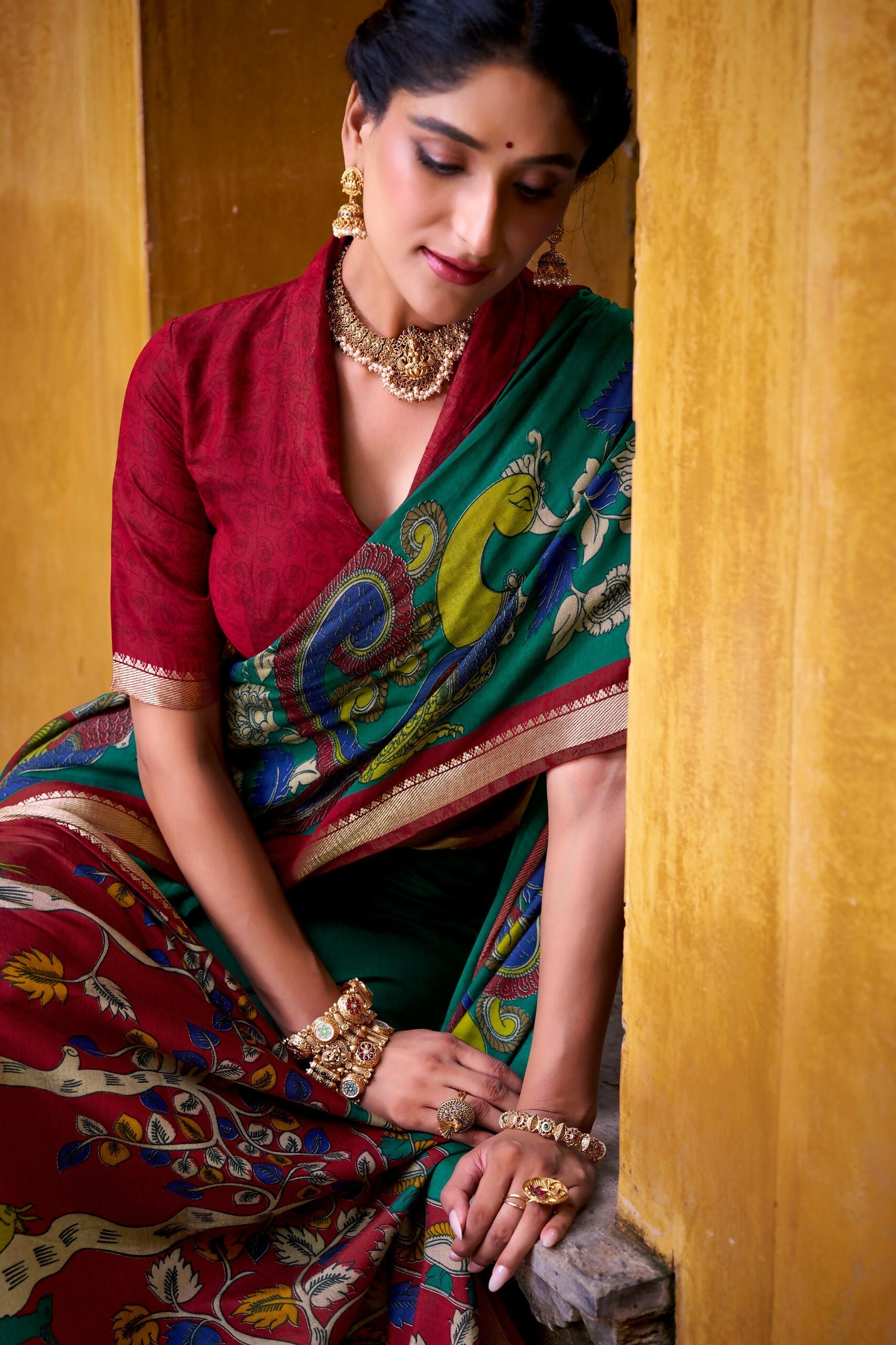Vastranavya Firozi Viscose Chanderi Kalamkari Print with Zari Working Saree & Unstitched Blouse - Distacart