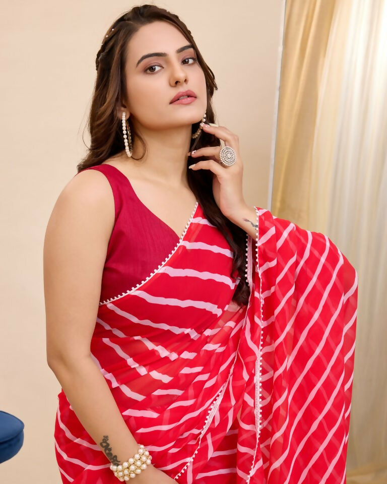 Red Georgette Designer Printed Ready To Wear Saree - Ibiza