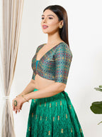 Joban Fashion Peacock Blue Brocade Padded Blouse With V Neck Elbow Sleeves - Distacart