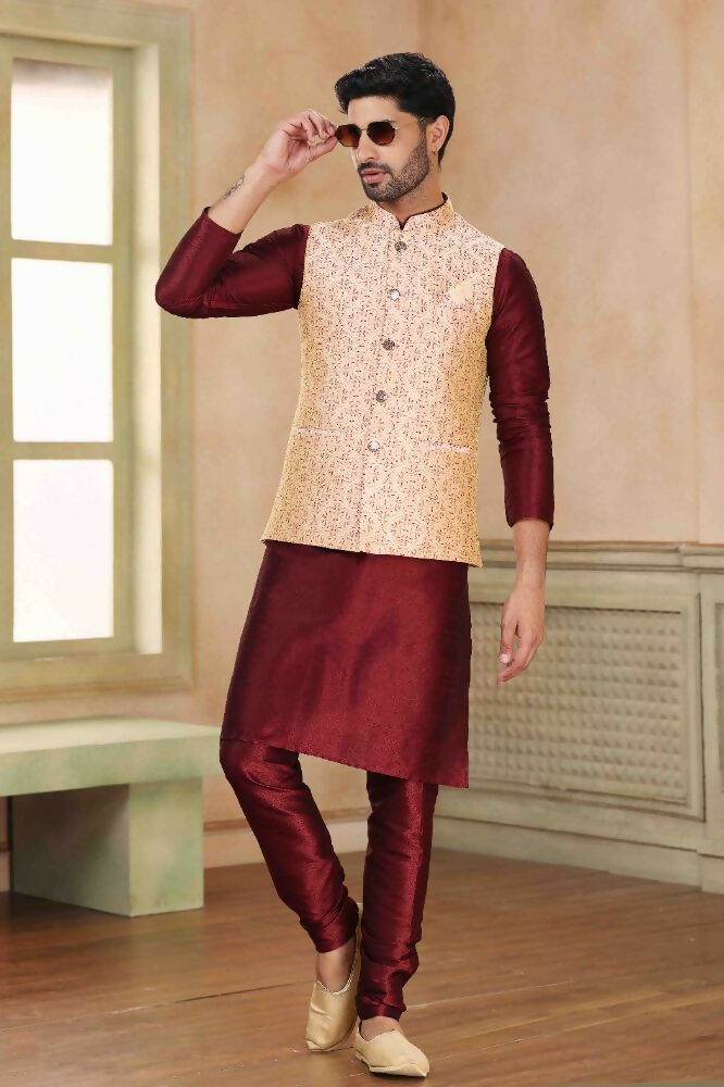 Raivat Ethnic Jacquard Banarasi Silk Woven Work 3 Pics Jacket Set In Beige Maroon Colour - Distacart