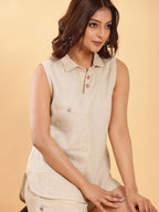 BohoJazz Khaki Linen Tailored Shorts with Sleeveless Collared Top Co-ord Set - Distacart