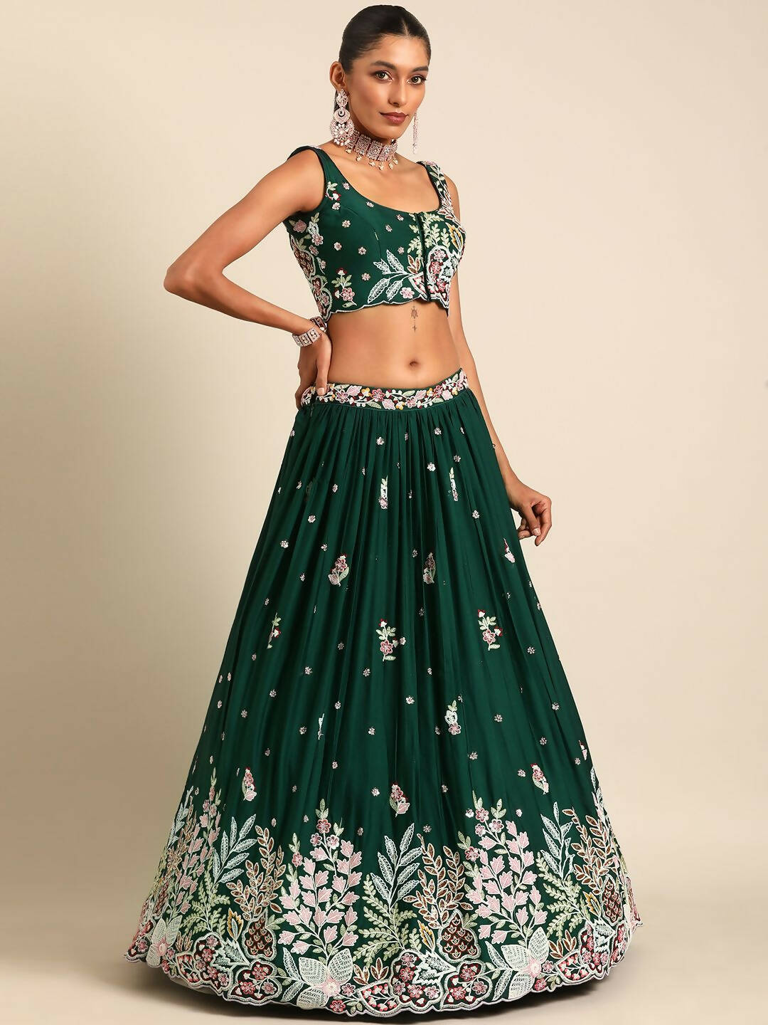 House of Panchhi Green Georgette Sequins and thread embroidery Lehenga choli & Dupatta
