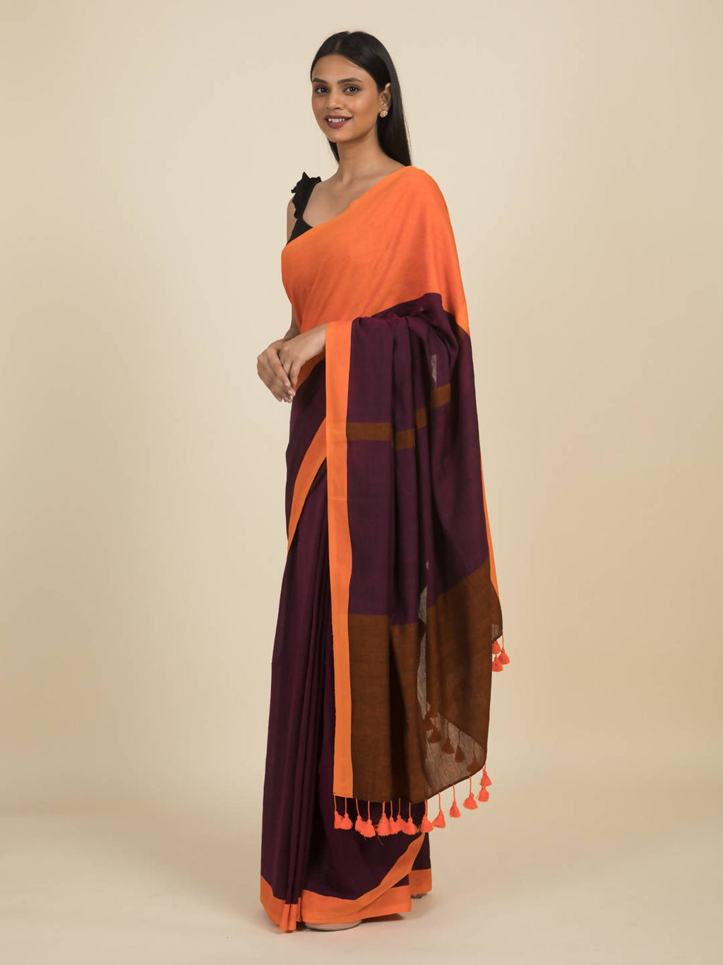 Suta Purple Orange Colourblocked Pure Cotton Saree - Distacart