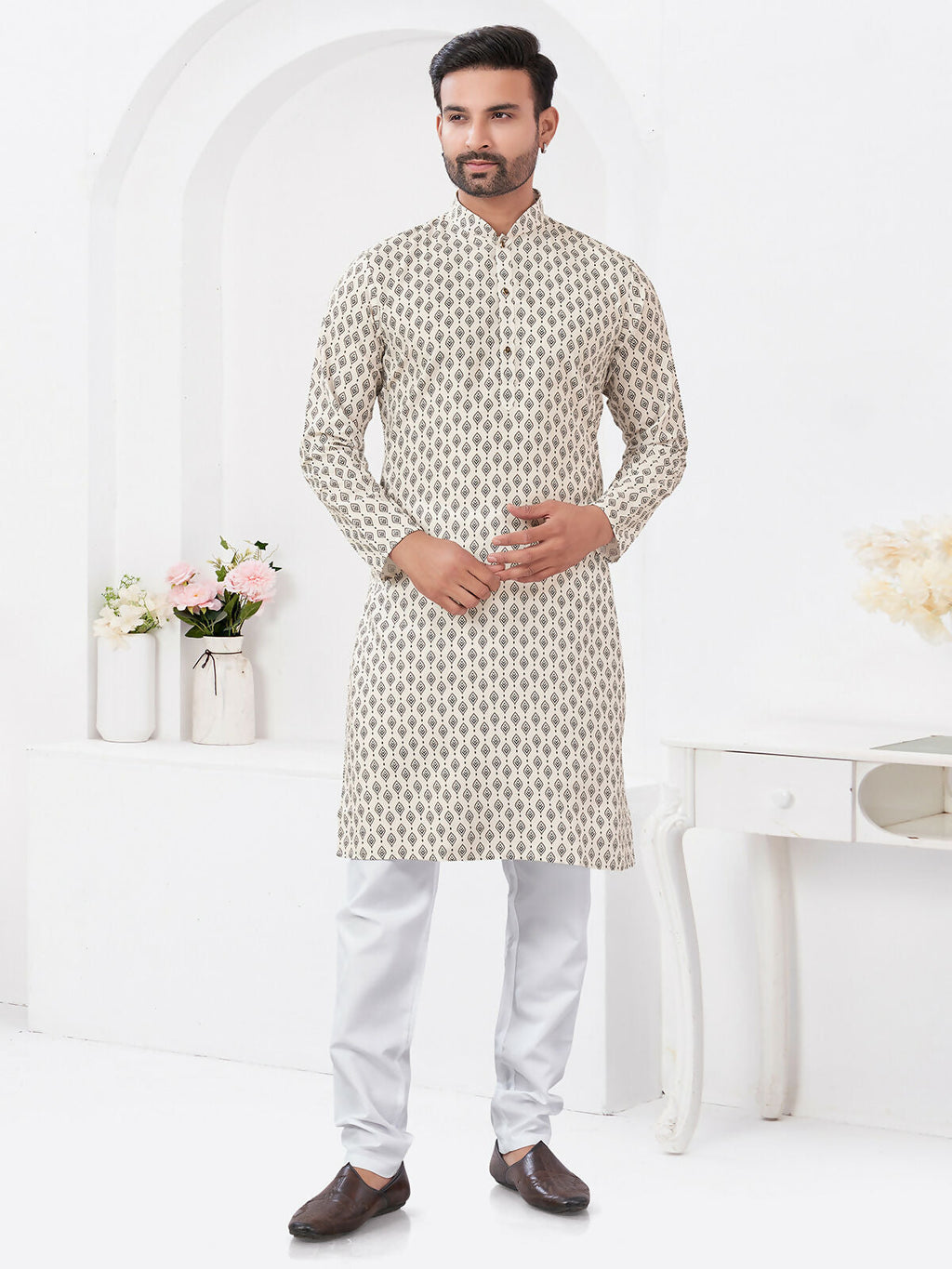 Joban Fashion Men's Rayon Cotton Cream Printed Kurta Pyjama set