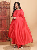 BohoJazz Nazm Embroidered Kimono Sleeves Kurta with Banarasi Pants and Dupatta - Red - Distacart