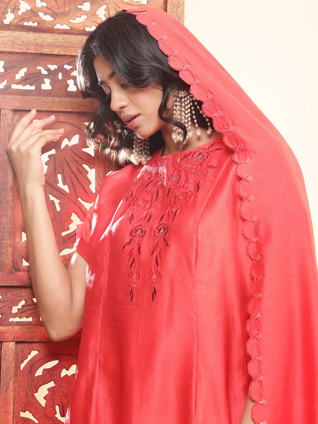 BohoJazz Nazm Embroidered Kimono Sleeves Kurta with Banarasi Pants and Dupatta - Red - Distacart