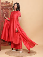 BohoJazz Nazm Embroidered Kimono Sleeves Kurta with Banarasi Pants and Dupatta - Red - Distacart