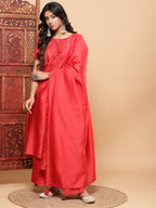 BohoJazz Nazm Embroidered Kimono Sleeves Kurta with Banarasi Pants and Dupatta - Red - Distacart