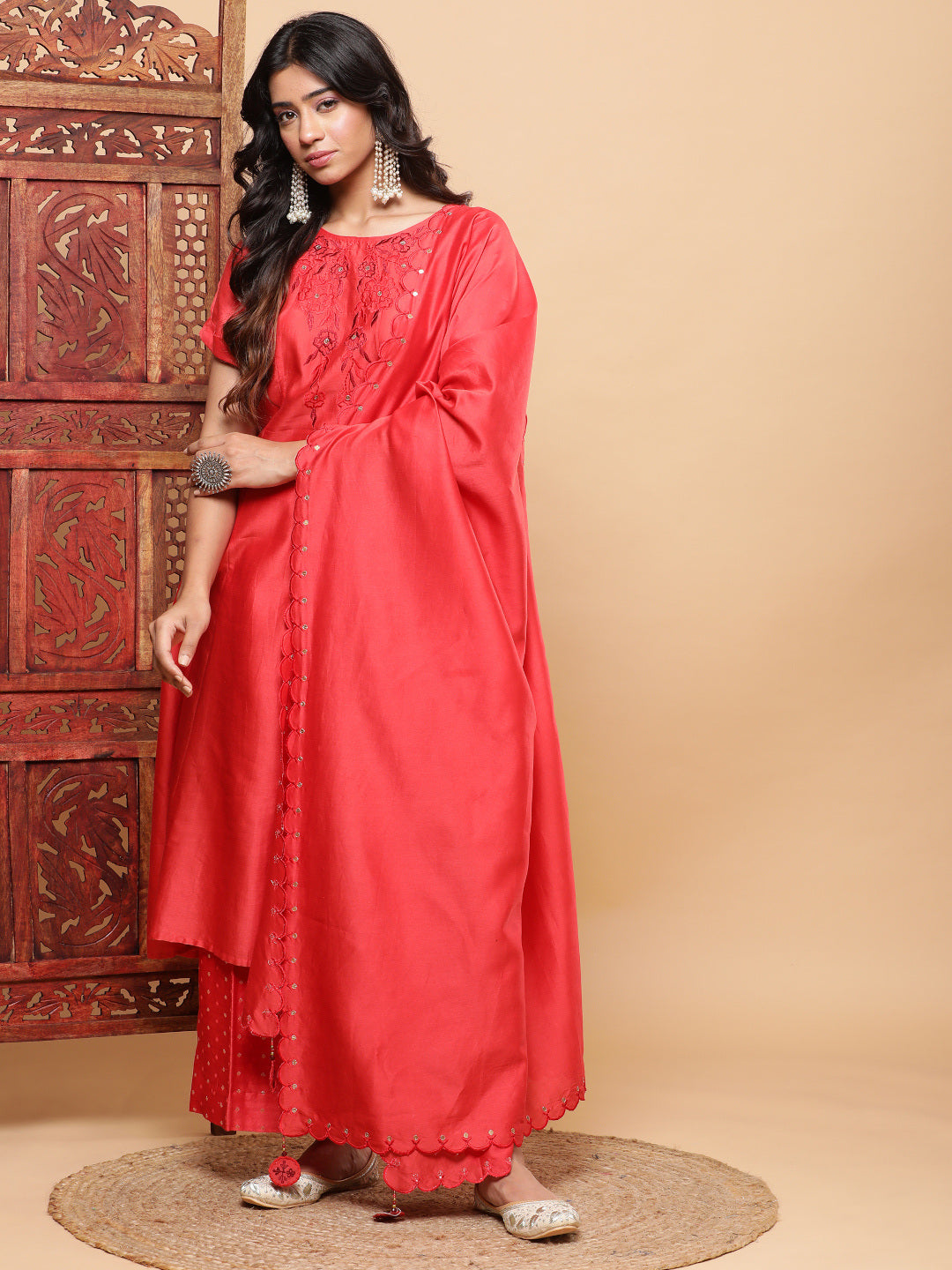 BohoJazz Nazm Embroidered Kimono Sleeves Kurta with Banarasi Pants and Dupatta - Red - Distacart
