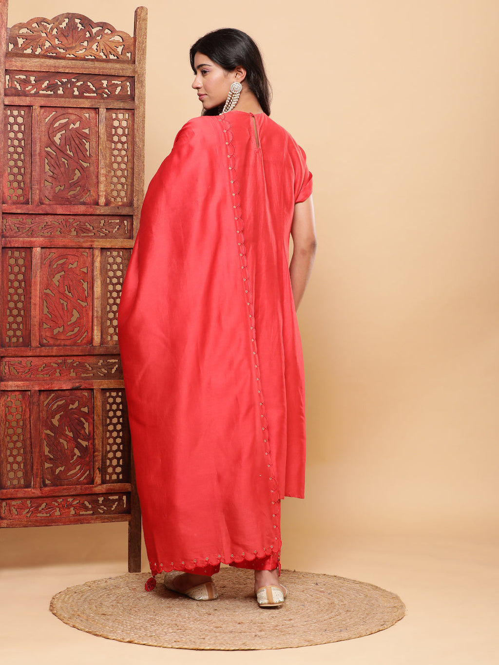 BohoJazz Nazm Embroidered Kimono Sleeves Kurta with Banarasi Pants and Dupatta - Red - Distacart