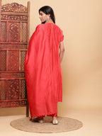 BohoJazz Nazm Embroidered Kimono Sleeves Kurta with Banarasi Pants and Dupatta - Red - Distacart