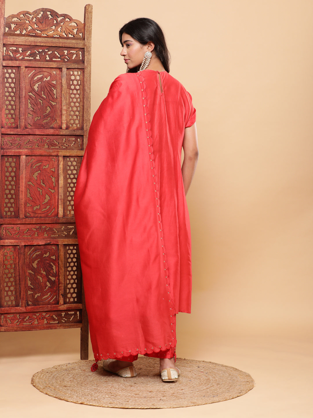 BohoJazz Nazm Embroidered Kimono Sleeves Kurta with Banarasi Pants and Dupatta - Red - Distacart