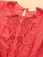 BohoJazz Nazm Embroidered Kimono Sleeves Kurta with Banarasi Pants and Dupatta - Red - Distacart