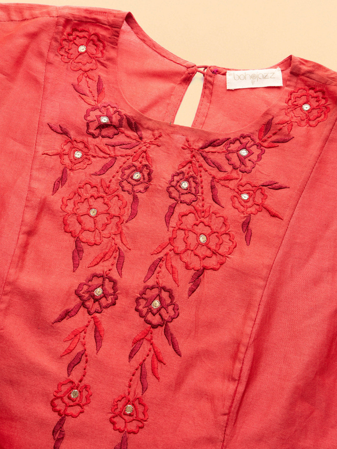 BohoJazz Nazm Embroidered Kimono Sleeves Kurta with Banarasi Pants and Dupatta - Red - Distacart
