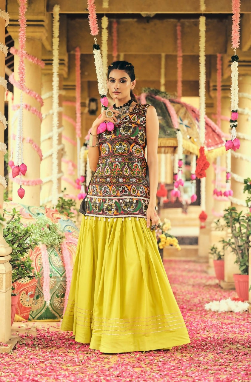Teeya Creation Lemon Yellow Colour Rayon Silk Embroidery Work Fully Stitched Navratri Lehenga
