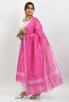 Mominos Fashion Moeza Women's Linen Cotton Silver Border Dark Pink Dupatta - Distacart