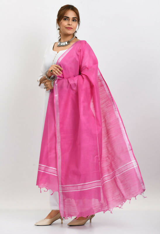 Mominos Fashion Moeza Women's Linen Cotton Silver Border Dark Pink Dupatta - Distacart