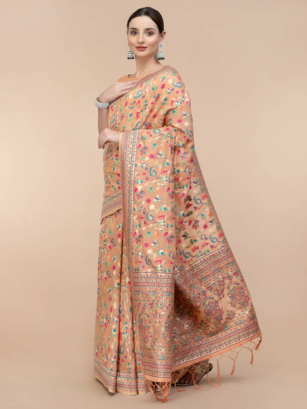 Peach Silk Blend Woven Design Saree With Unstitched Blouse Piece - Aloki