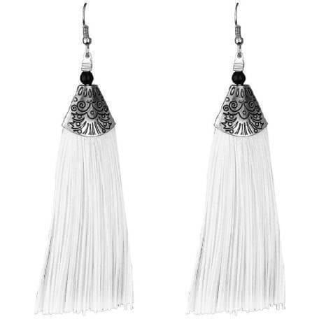 Muskan Fancy White Silk Tassel Drop Earrings