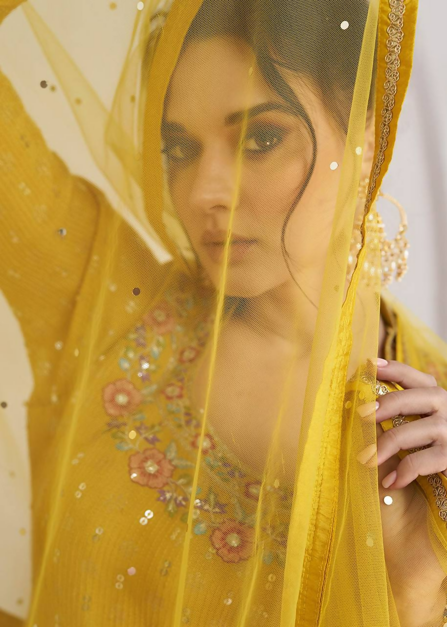 Lorenvalley Fashion Yellow Chinon Embroidery with Sequince Work Salwar Lehenga Stitched