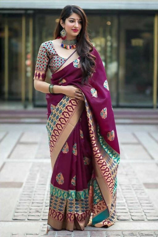 DEIANA'S Beautiful Designer Golden zari Soft Lichi Silk Saree - Wine
