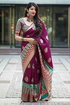 DEIANA'S Beautiful Designer Golden zari Soft Lichi Silk Saree - Wine
