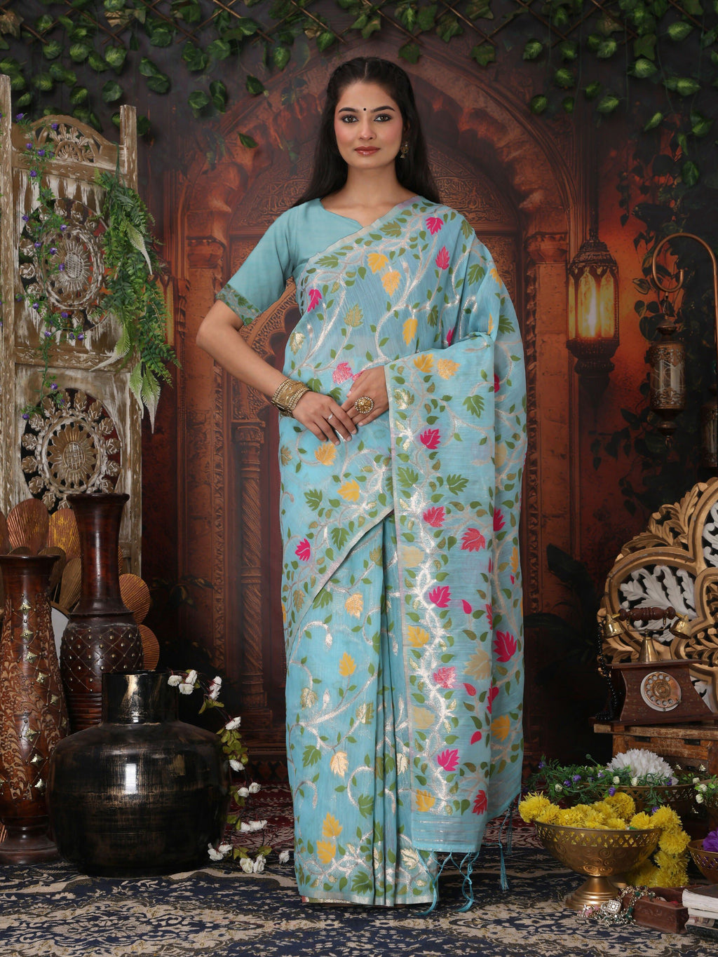 Shree Shyam Fashion Linen Cotton Sky Blue Saree - Distacart
