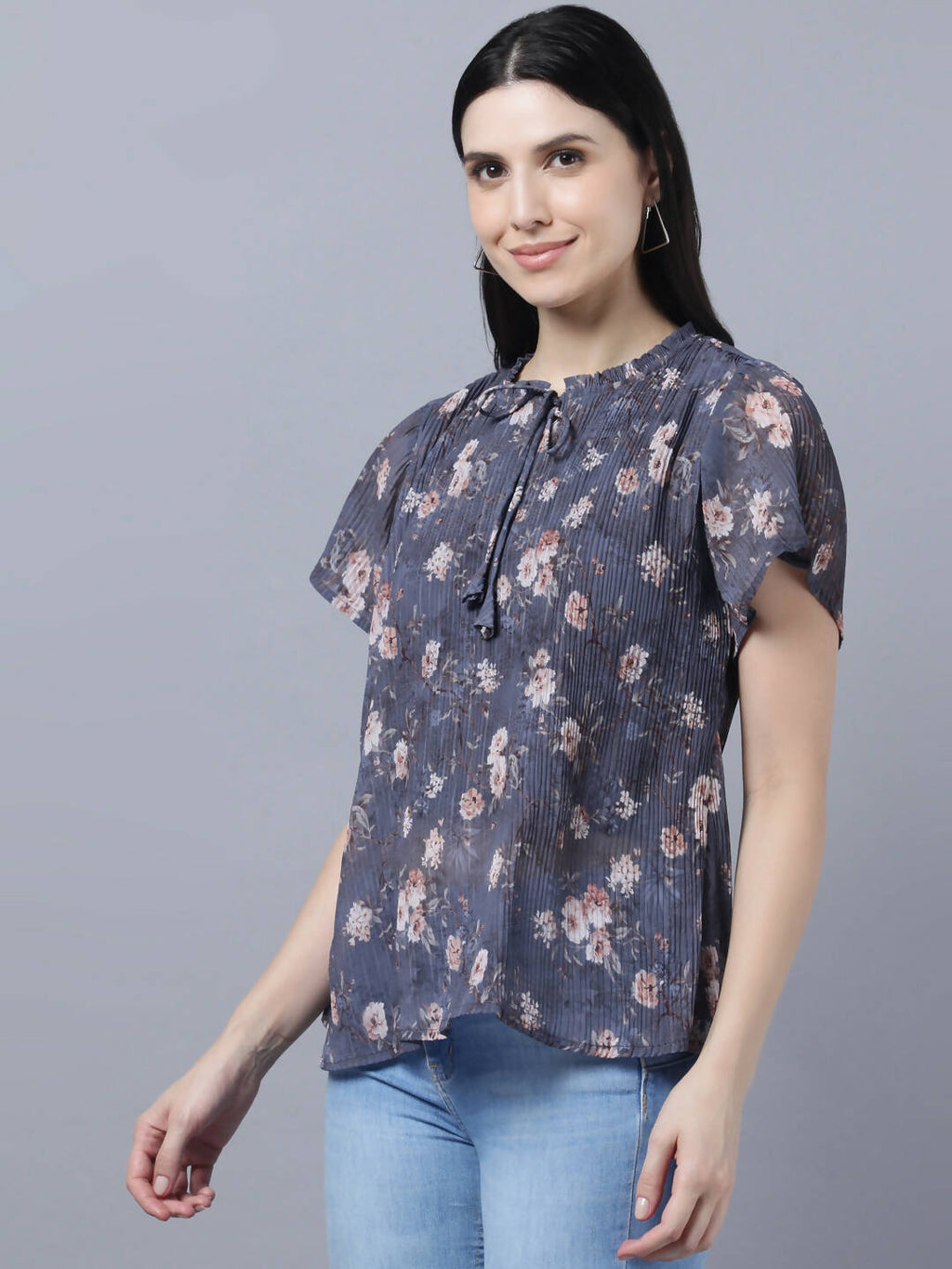 Myshka Women Charcoal Grey Peach-Coloured Floral Print Tie-Up Neck Georgette Top - Distacart