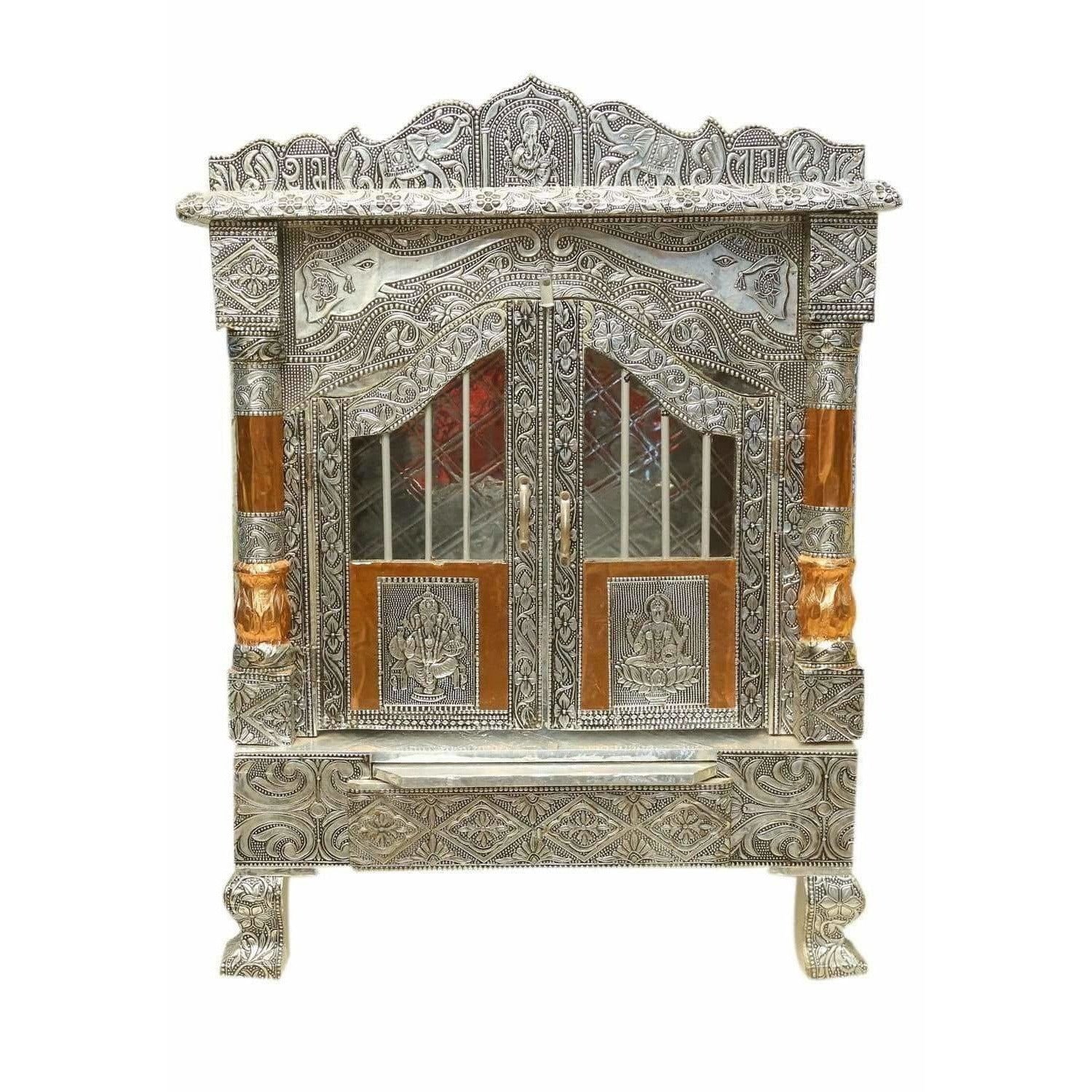 Silver Coated and Copper 2 Door Open Pooja Mandir / Pooja Mandiram Silver Coated and Copper