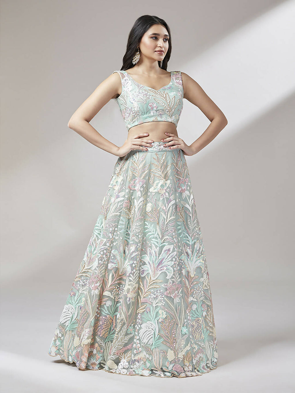 House of Panchhi Lime Green Net Sequinse Work Lehenga & Blouse with Dupatta
