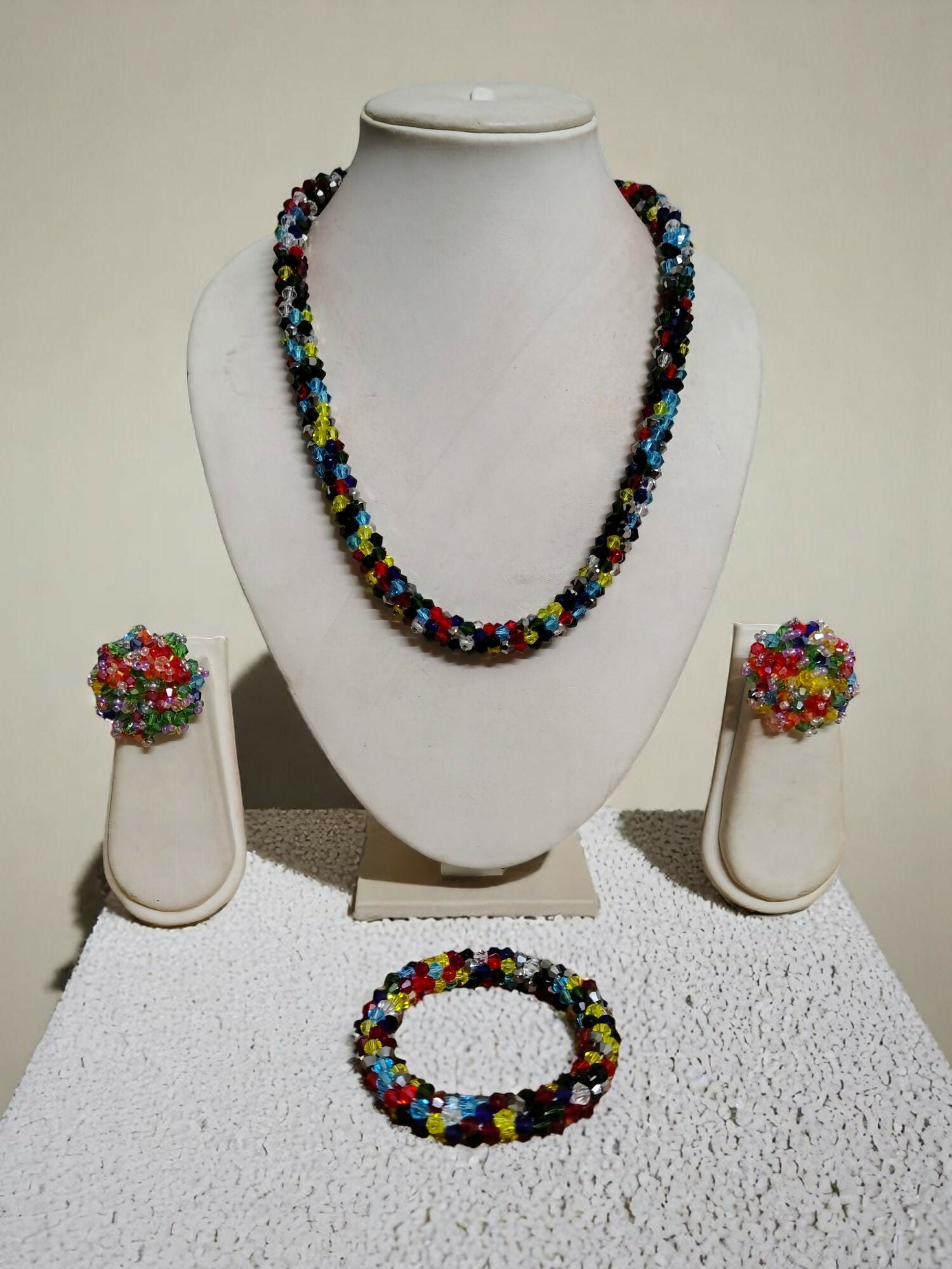 Inhanns Complete Look Crystal Statement 3-Piece Set (Adjustable Necklace + Earrings + Adjustable Bangle ) - Multi Colour