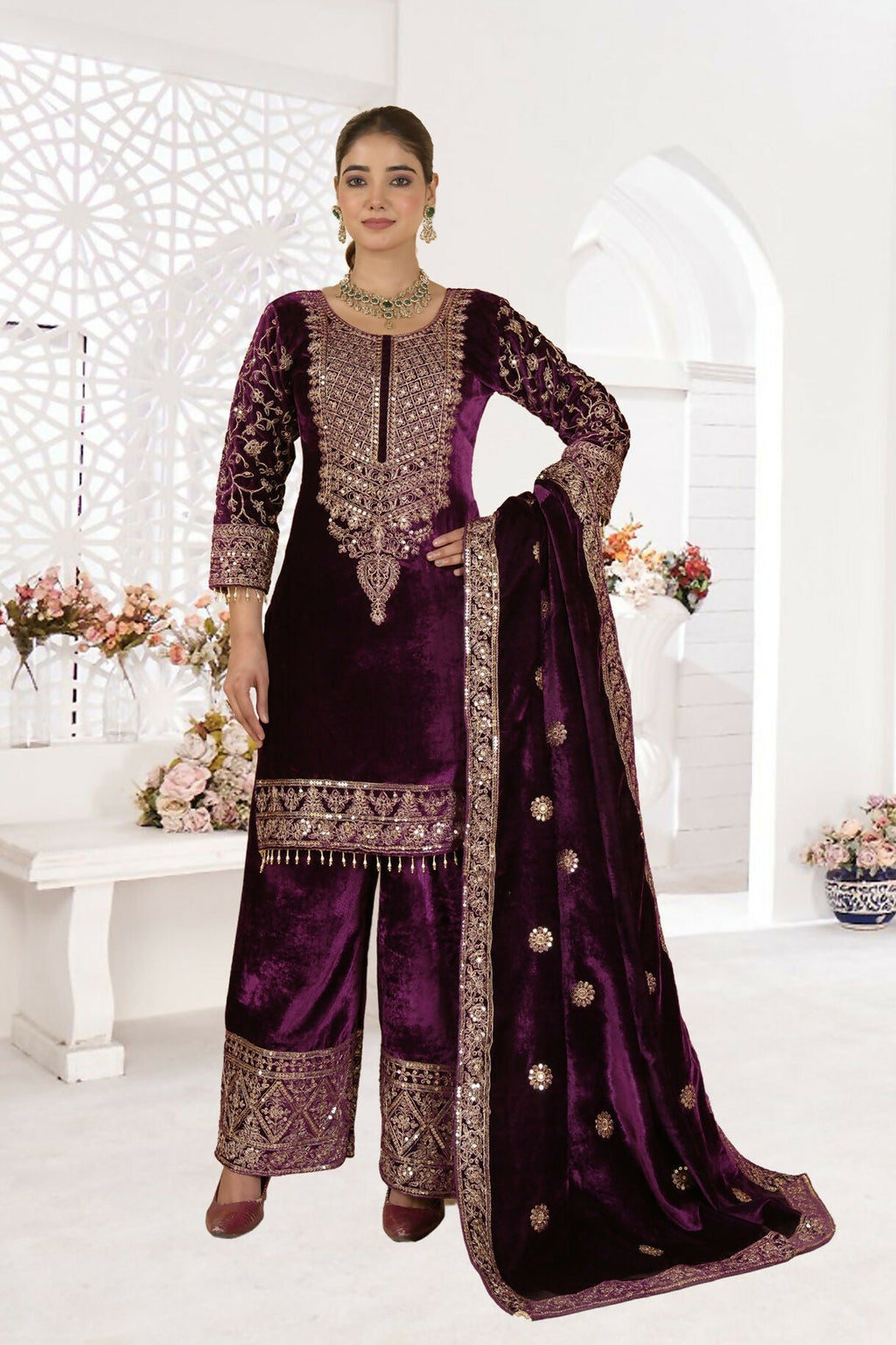 Joban Fashion Wine Velvet Sequence Embroidery Work Kurta Set - Distacart