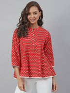 Janasya Women's Red Cotton Floral Print Flared Top - Distacart