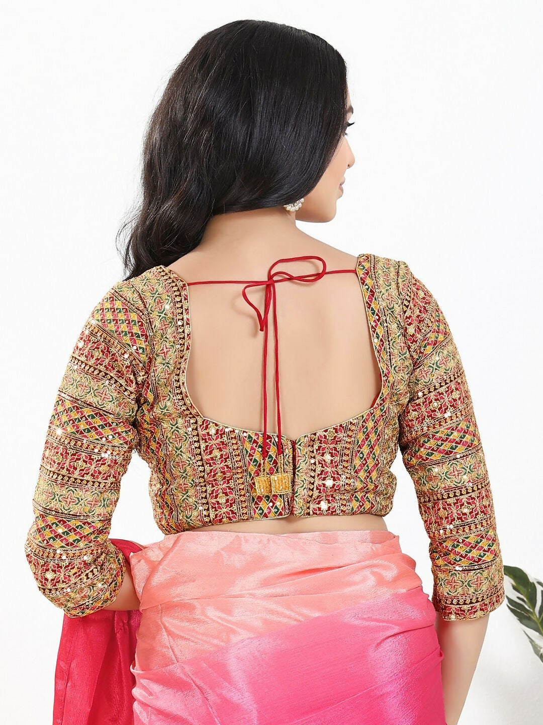 Joban Fashion Pink Multi Silk Padded Blouse With Sweetheart Neck 3/4 Sleeves - Distacart