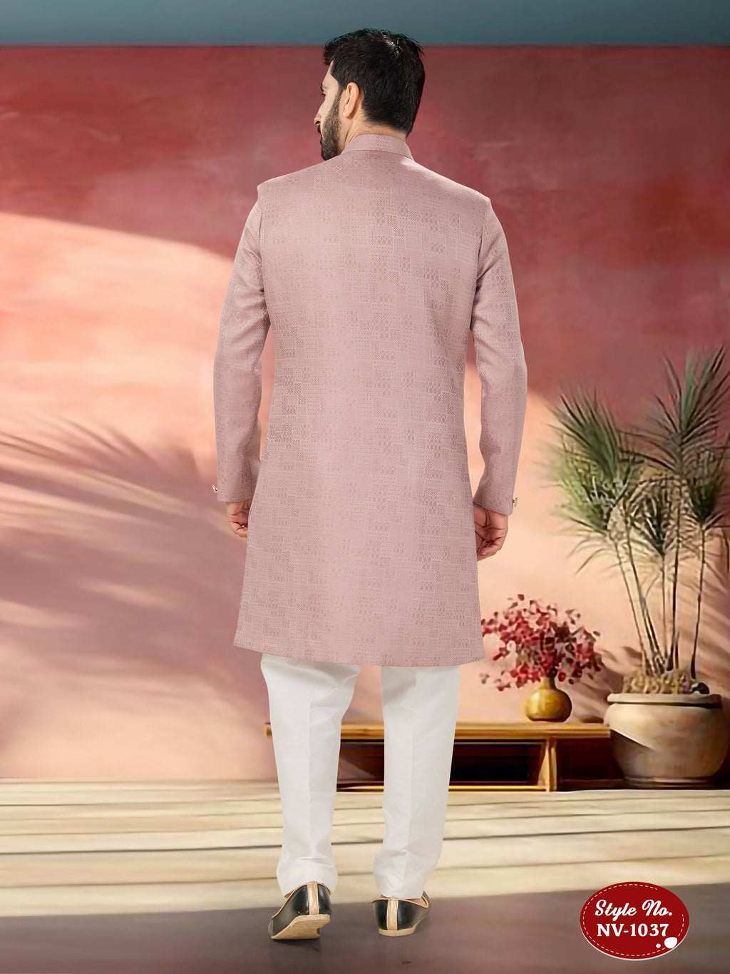 Joban Fashion Men's Pink Straight Imported Tr Self-Design In Fabric Indo-Western Kurta Set