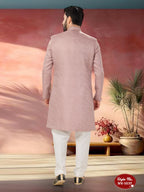 Joban Fashion Men's Pink Straight Imported Tr Self-Design In Fabric Indo-Western Kurta Set