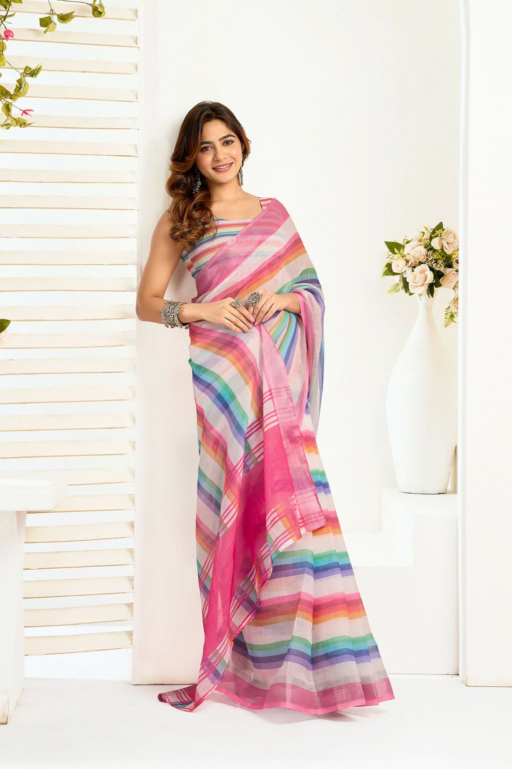 Vastranavya Rainbow Digital Printed Linen Ready To Wear Designer Saree with Unstitched Blouse - Distacart