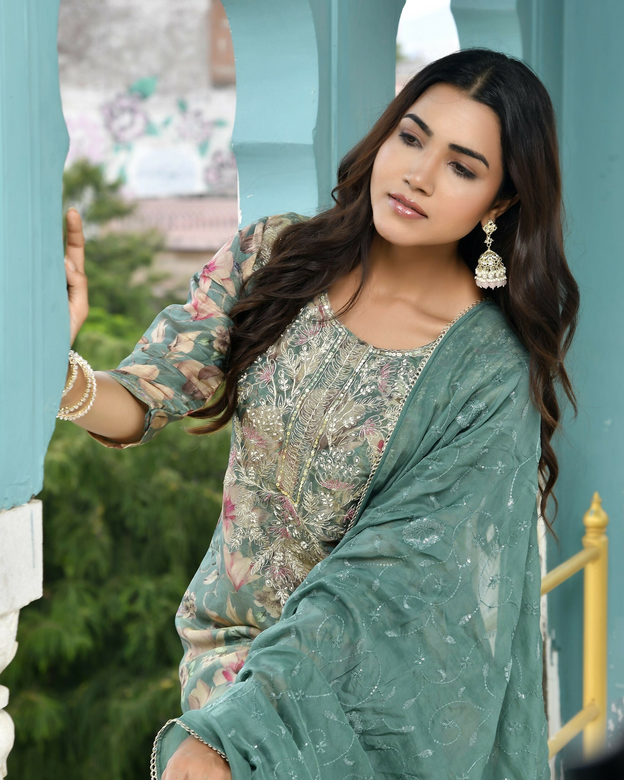 Vaasva Women's Teal Tissue Embroidered Suit Set With Solid Pant And Embroidered Dupatta