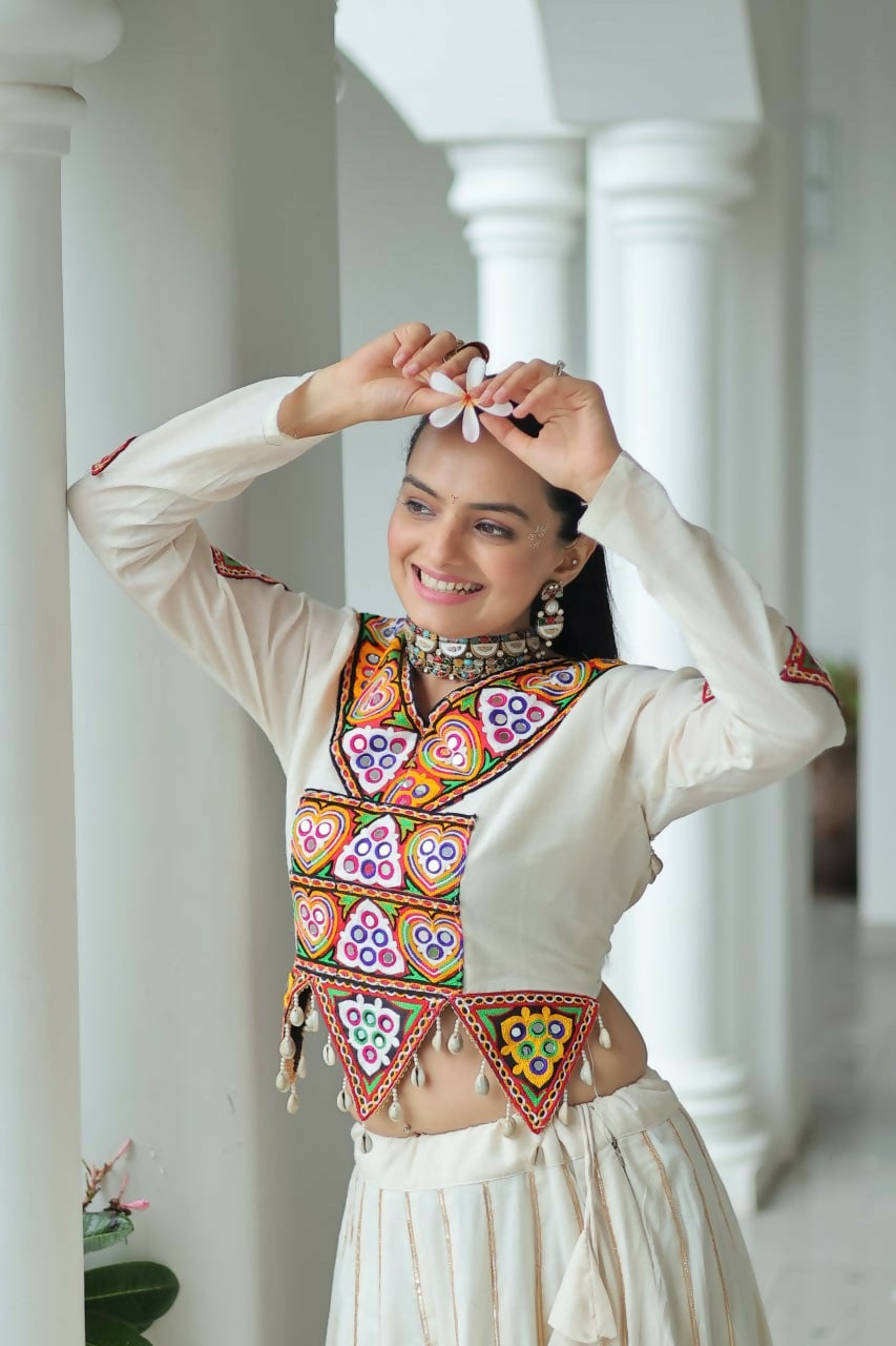 Teeya Creation Off White Colour Pure Cotton Embroidery Work Navratri Lehenga