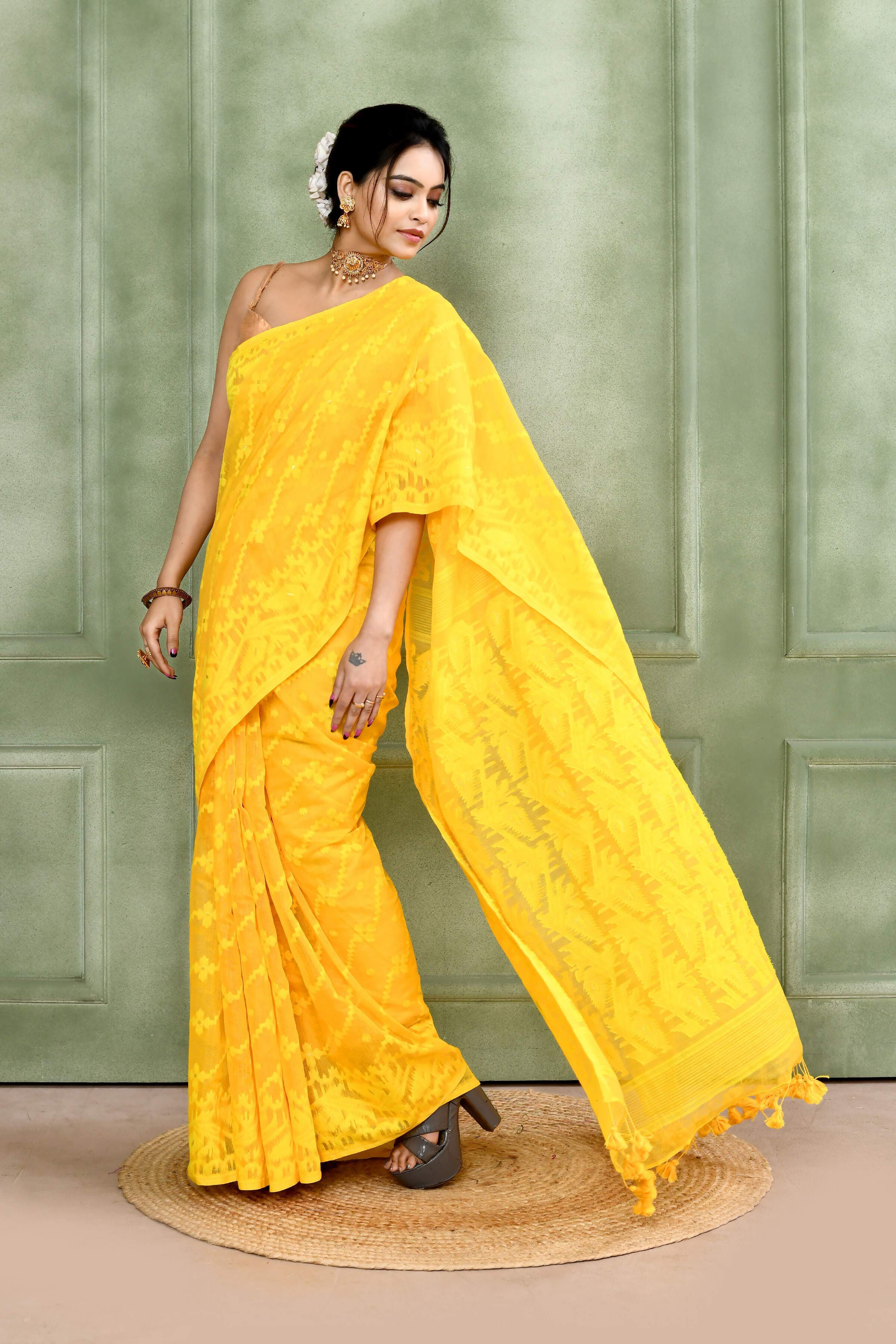Piyari Fashion Women's Yellow Embellished Cotton Blend Jamdani Saree - Distacart