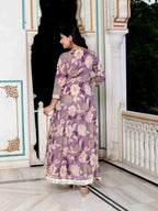 Miravan Women's Purple Flower Printed With Beautiful Lace Border Details Anarkali Kurta