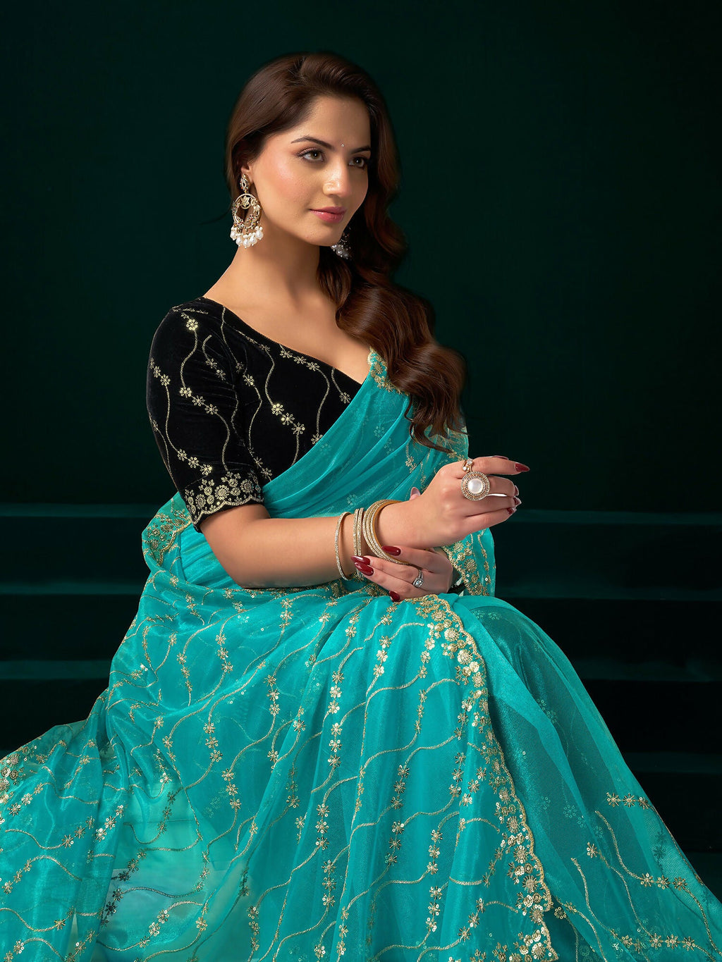 Joban Fashion Turquoise Net Party Wear Sarees - Distacart