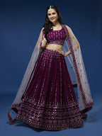 House of Panchhi Women Burgundy Pure Georgette Sequinse Embroidered Lehenga & Blouse, Dupatta