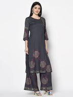 Aniyah Rayon Dark Grey Color Block Print Straight Kurta Palazzo Set (AN-202K)