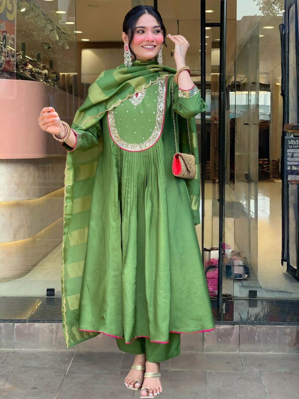 The52 Light Green Women's Gorgeous Embroidered Work Chanderi Fabric Flared Kurta Pant and Dupatta Set - Distacart