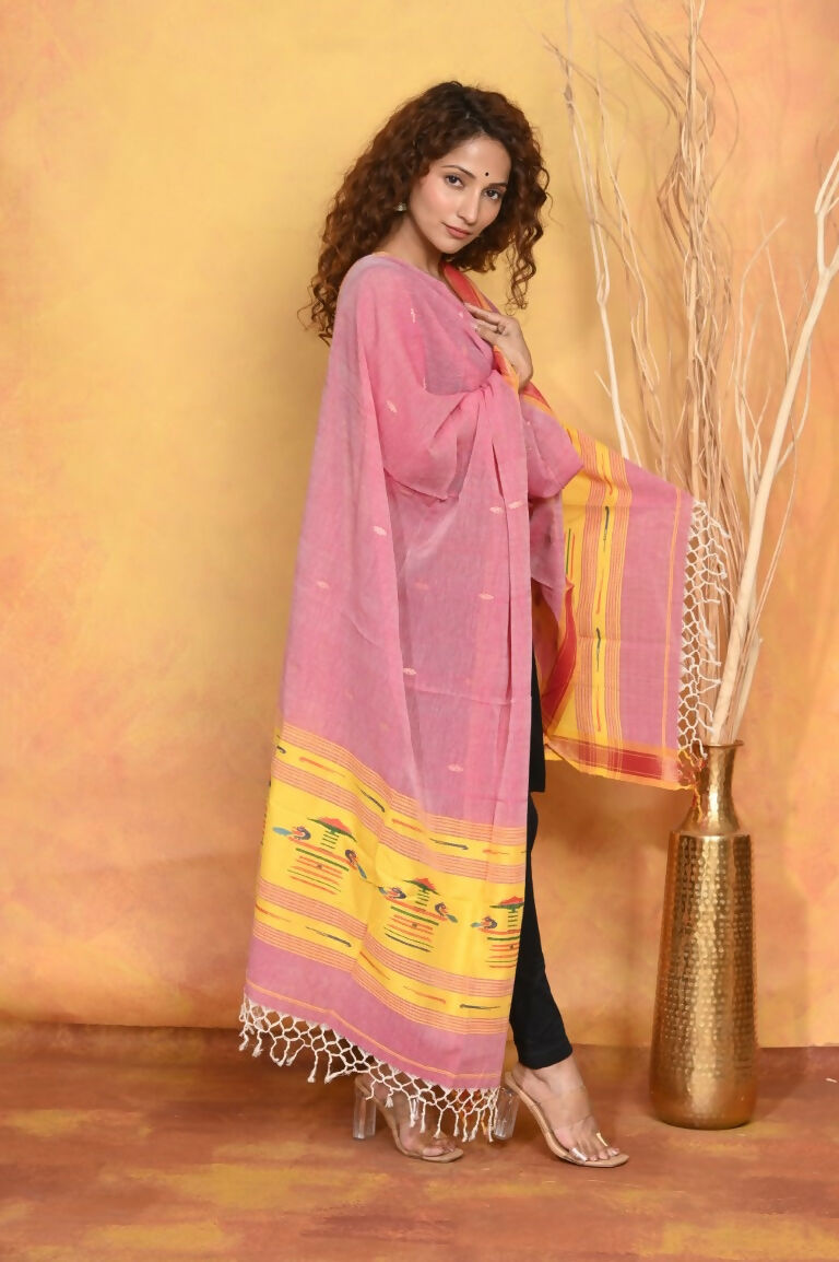 Very Much Indian Handloom Pure Cotton Paithani Dupatta Pink